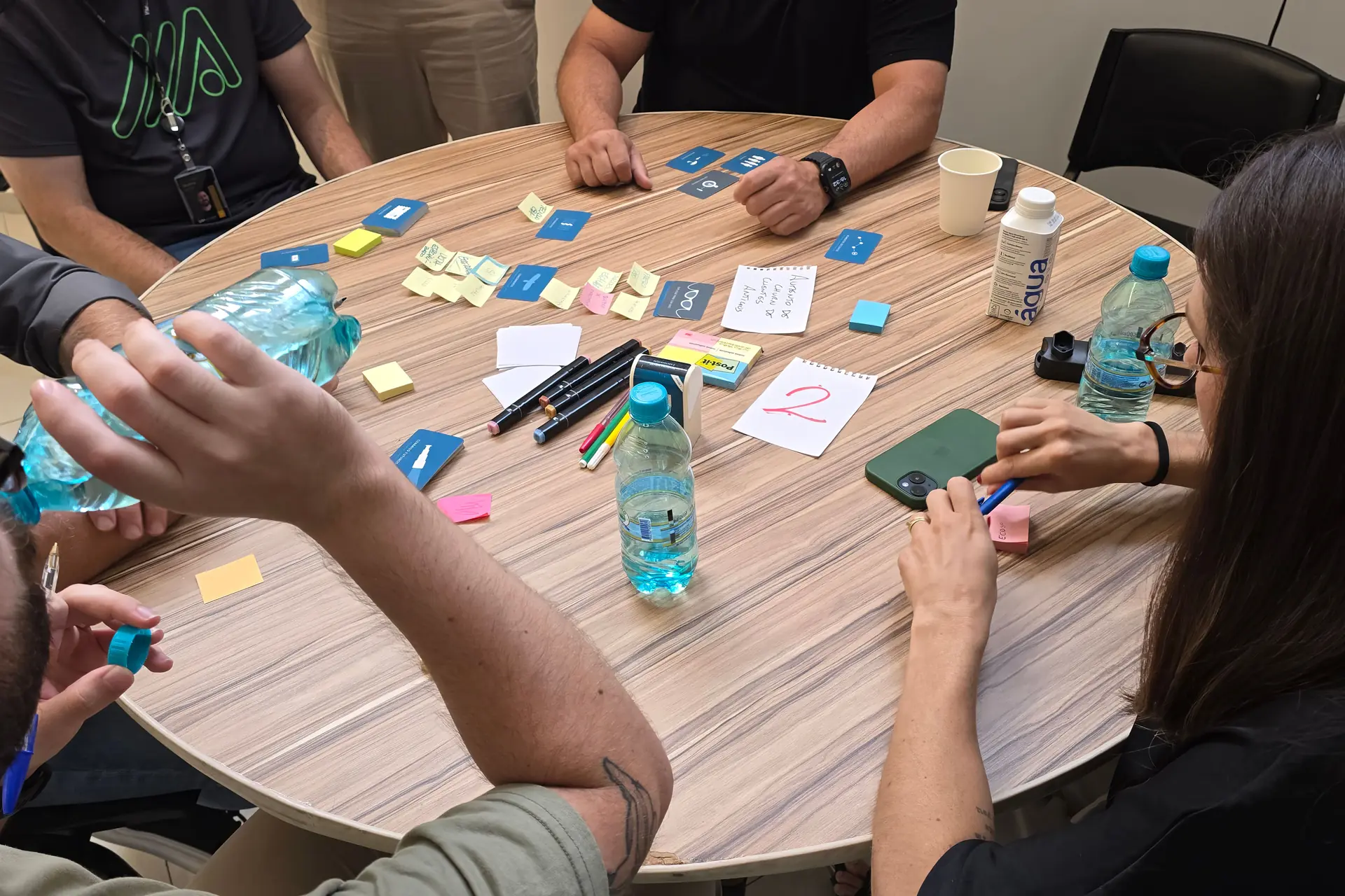 A team brainstorming with sticky notes